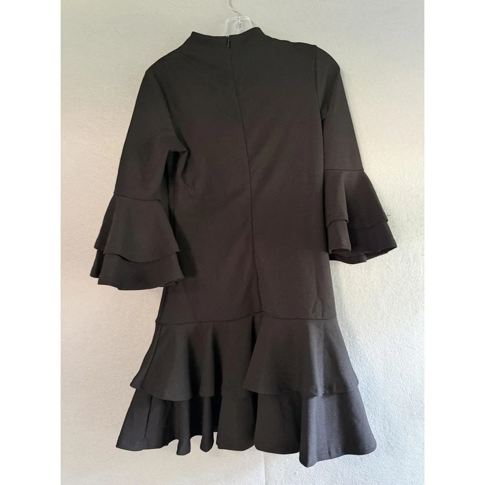 She + Sky Dress Womens Small Black Ruffle Bell Sleeve Mock Neck Shift Party